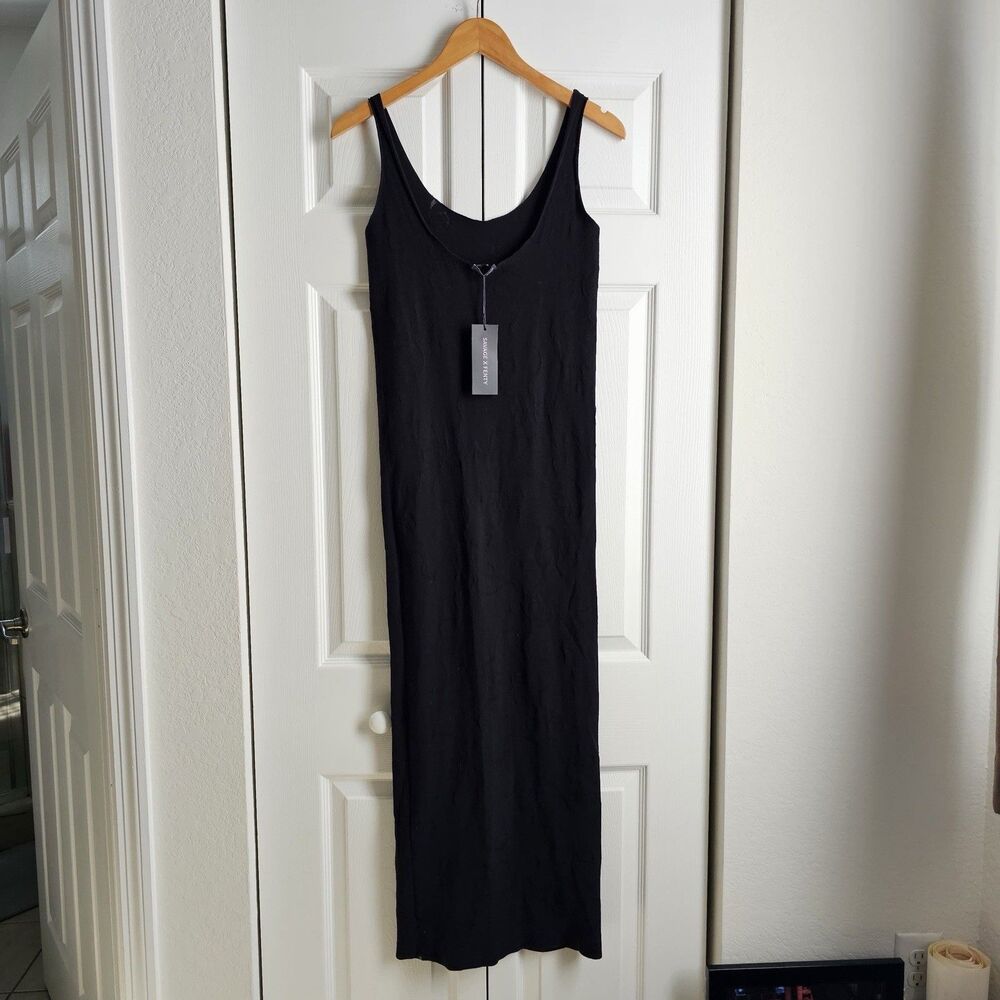 Savage X Fenty Ribbon Play Seamless Knit Slip Dress Black Plus Size 1X-3X